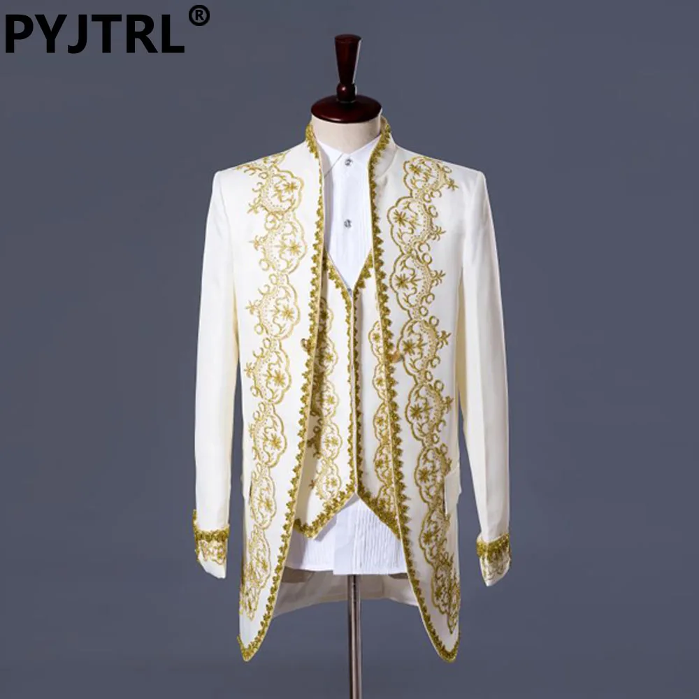 PYJTRL S-XXL Mens Classic Three Piece Embroidery Palace Stage Singer Wedding Suits Latest Coat Pant Designs Costume Homme