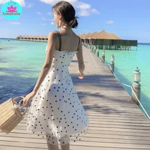 купить! 2019 Seaside Holiday Beach Girl Летнее длинное платье с принтом и поясом длиной до колена без рука Лучший!