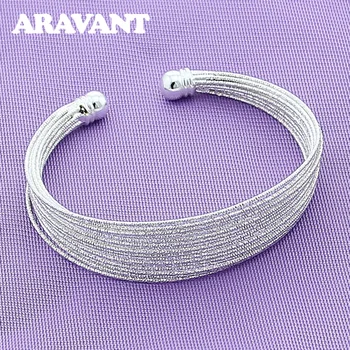 

925 Silver Jewelry Scrub Multi Layer Lines Open Cuff Bracelet Women Silver Bangle