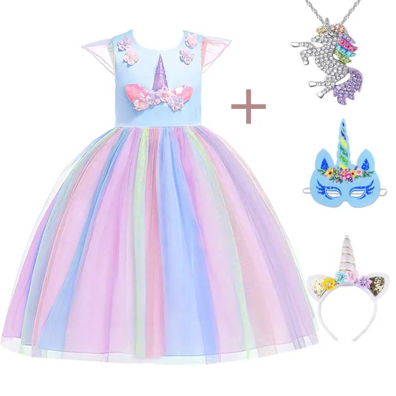 

Girl Color Unicorn Costume Princess Dress 2019 Girl Dance Party Cosplay Tutu Dress + Mask + Chain Summer Dress for Kids Girls