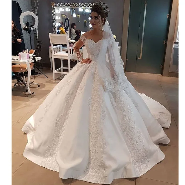 Vestido De Gala Elegante Vestidos De Boda De Saten Hombros Descubiertos Apliques Vestido De Boda Abric Dubai Vestido Drapeado De Iglesia Vestido De Boda Vestidos De Novia Aliexpress