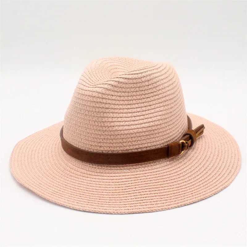 Летняя Солнцезащитная шляпа для женщин, соломенные солнечные шляпы с широкими полями, солнцезащитный козырек, шапка, сплошной соломенный пляж Джаз-шляпы шляпа сомбреро, Панама, Gorras - Цвет: Pink