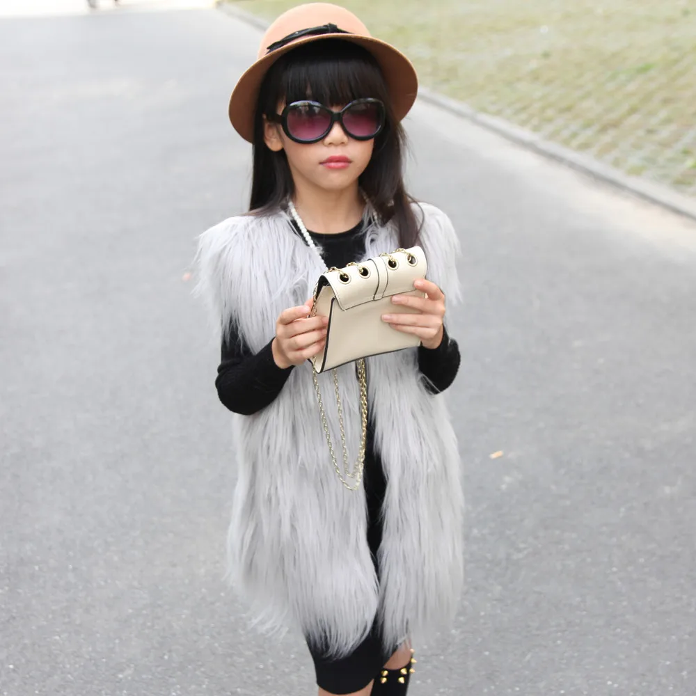 

girl child 2018 long faux fur vest goat wool outerwear winter sleeveless jackets and coats for girls children coat with fur
