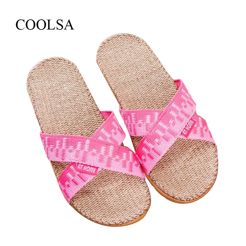 

COOLSA Women's Cross-belt Linen Slippers Breathable Home Flat Flax Slippers Women Multi-colors EVA Lightweight Beach Slides Hot