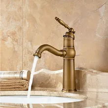 Antique Brass Swivel Spout Basin Sink Mixer Faucet Deck Mount One Hole Hot and Cold Two