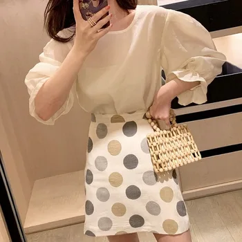 

White Blouse High Waist Mini Skirts Womens Puff Sleeve Vintage O-neck Women 2 Piece Skirt Sets Elegant Woman Clothes Summer 2019