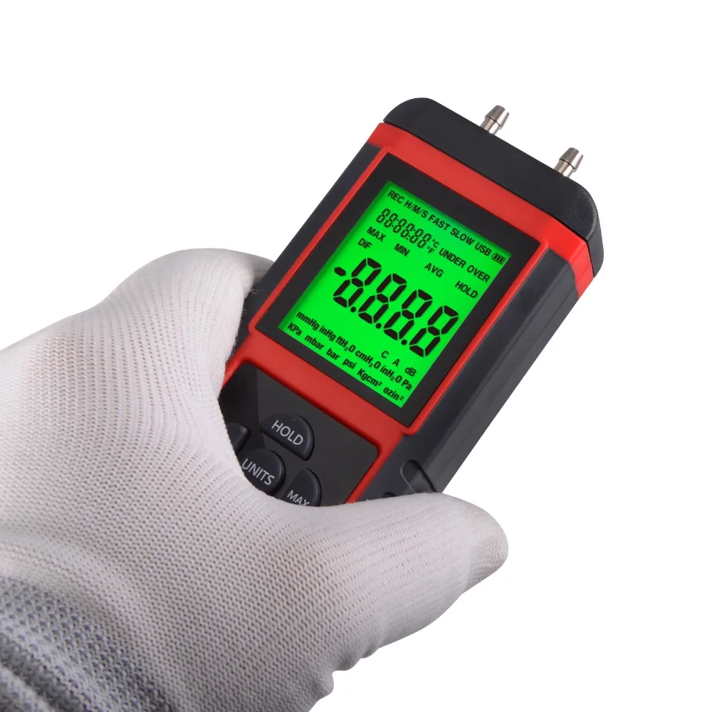 Achtergrondverlichting Drukmeting Digitale Manometer Voor Gas En Lucht - Meet Differentiële Druk, 12 Eenheden, Data Recording, Achtergrondverlichting Meetbereik ±2000 Psi