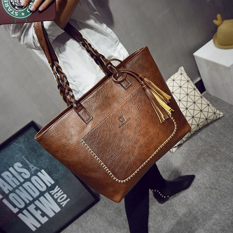 2016 PU Leather Women's Handbag Vintage Tassel Design Bolsas Mujer Fashion Shoulder Bag Chic Shopping Tote Bags sac a main L1077