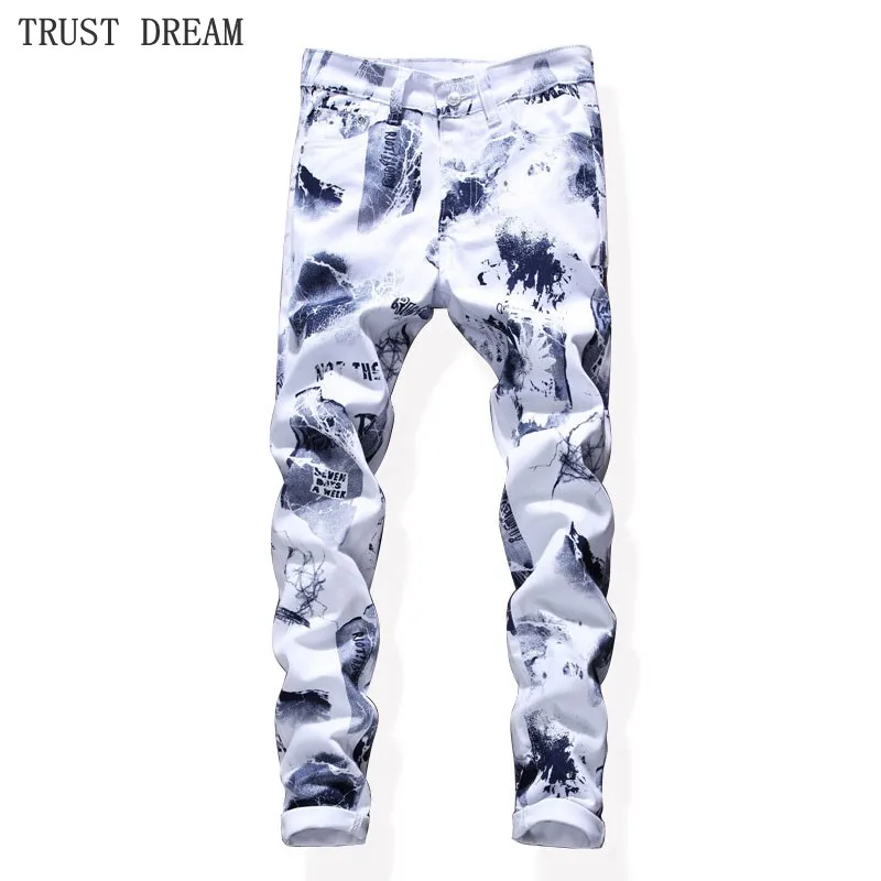 Men's 2018 Euro Style Floral Pant Men Colorful Graffiti Slim Jeans White Print Man Street Club Personal Real Photo | Мужская одежда