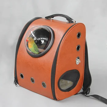 Outdoor leather Bird backpack Parrot Carriers Cage Parrot Bag With Wood Perch Pet Breathable Space Capsule Backpack CW081