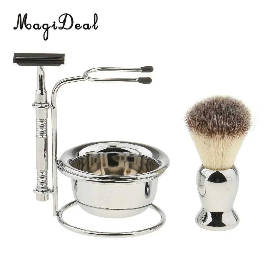 MagiDeal Mens Beard Grooming Kit with Shaving Brush Straight shaving Razor Bowl Safety Stand Men Facial Beard Cleaning 