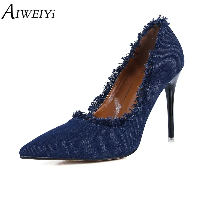 

AIWEIYi Fashion Sexy Women's Singles Shoes Pumps Blue Pointed Toe Shallow Mouth Stiletto High Heels Shoes Denim Women Shoes