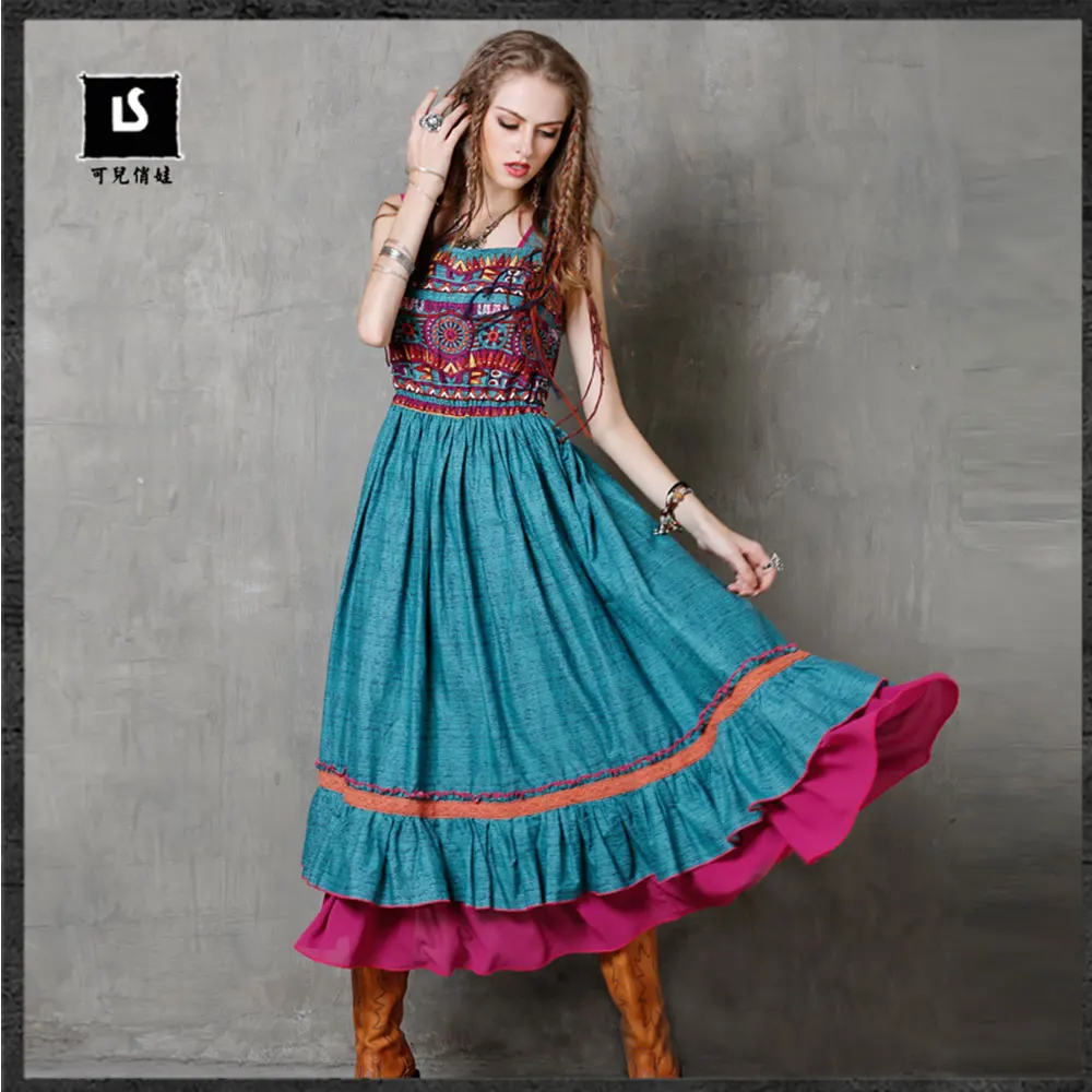 Летняя Новинка 2017 г. женское платье Boho хлопок белье печатных жилет Национальный
