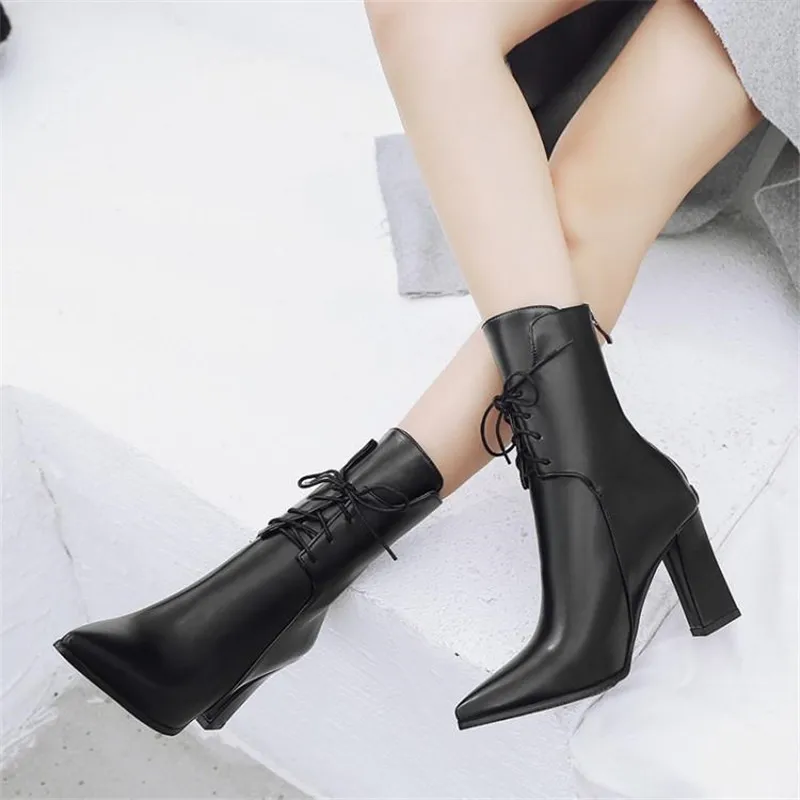 Brand Designers 2018 New Winter Women Shoes Black High Heels Riding Boots Lacing Platform Ankle Boots Chunky Heel Big Size 32-43 (21)