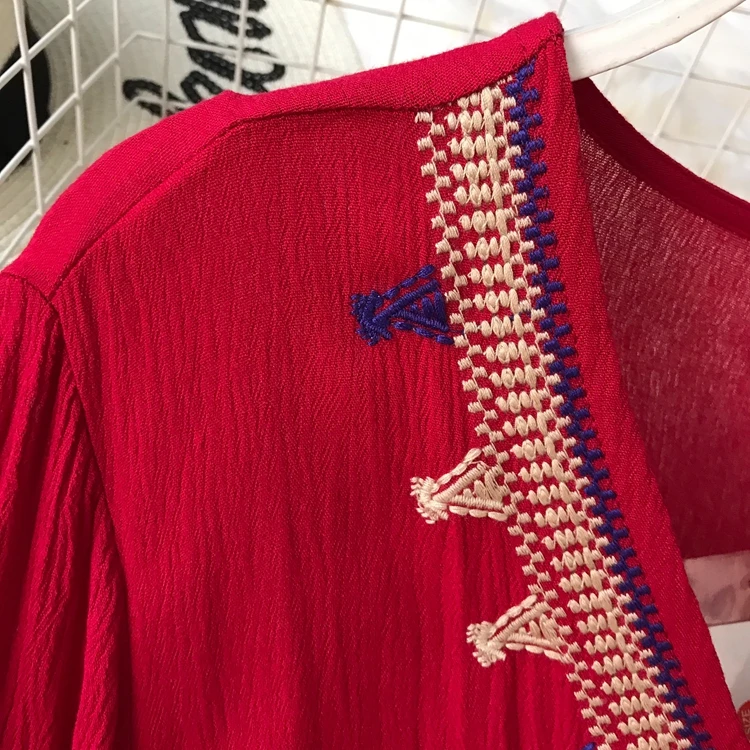 Богемное национальное хлопковое льняное платье с вышивкой, красное тонкое платье большого размера, женское праздничное пляжное элегантное платье F280