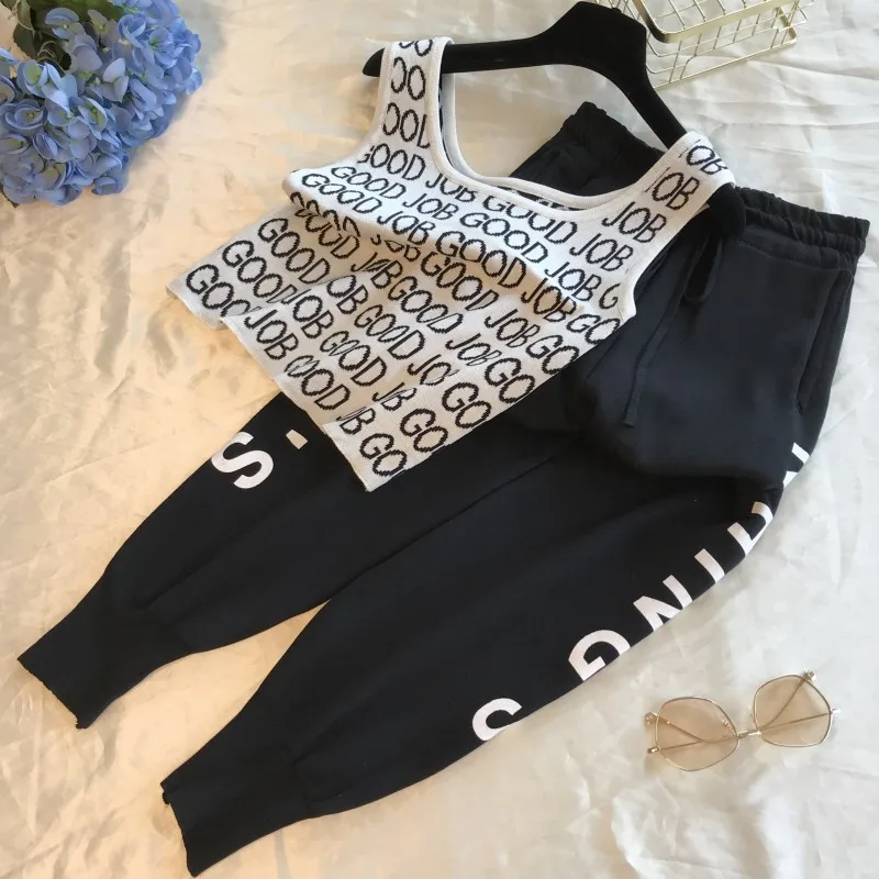 

Amolapha Women Knit Print Letters Vest+Pants Tracksuits Casual Knitting Tank Tops Trousers Sets
