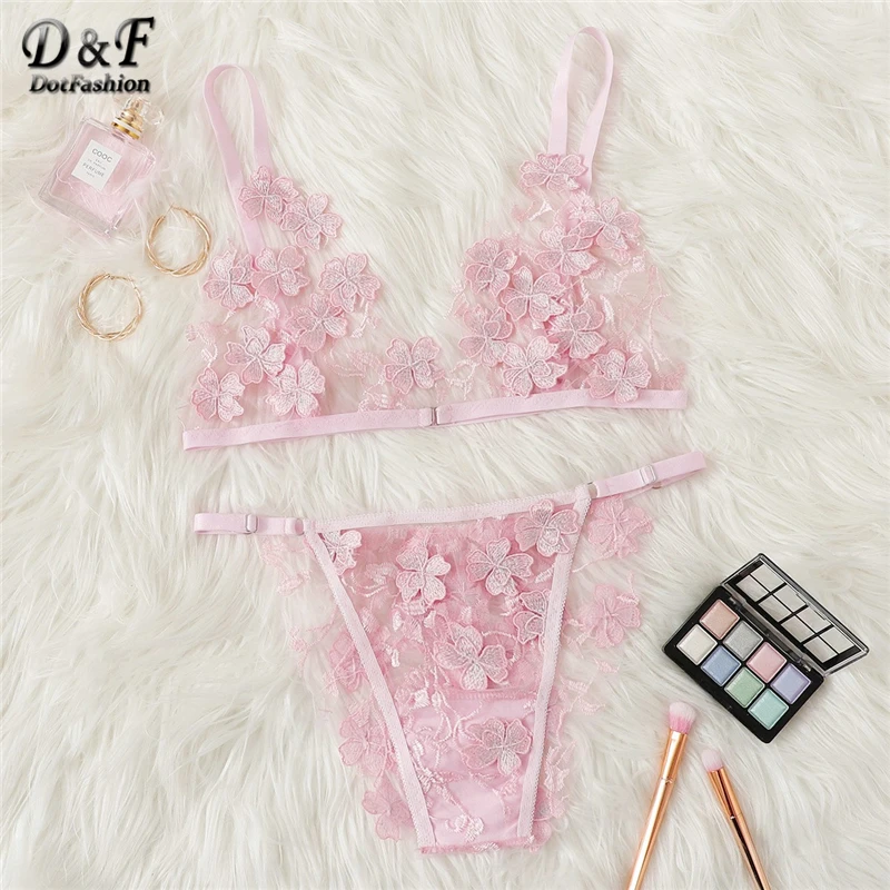 

Dotfashion Pink Mesh Appliques Tanga Sexy Lingerie Set Women 2019 Summer Strapless Bra And Panty Ladies 2 Piece Underwear Sets