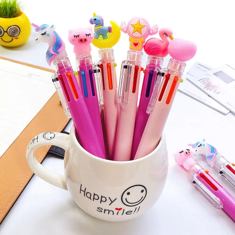 

1pc Cute 6 Colors Unicorn Flamingo Dinosaur Ballpoint Pen Silica Rainbow Kawaii Cartoon Ball Pen For Kids Gift Material