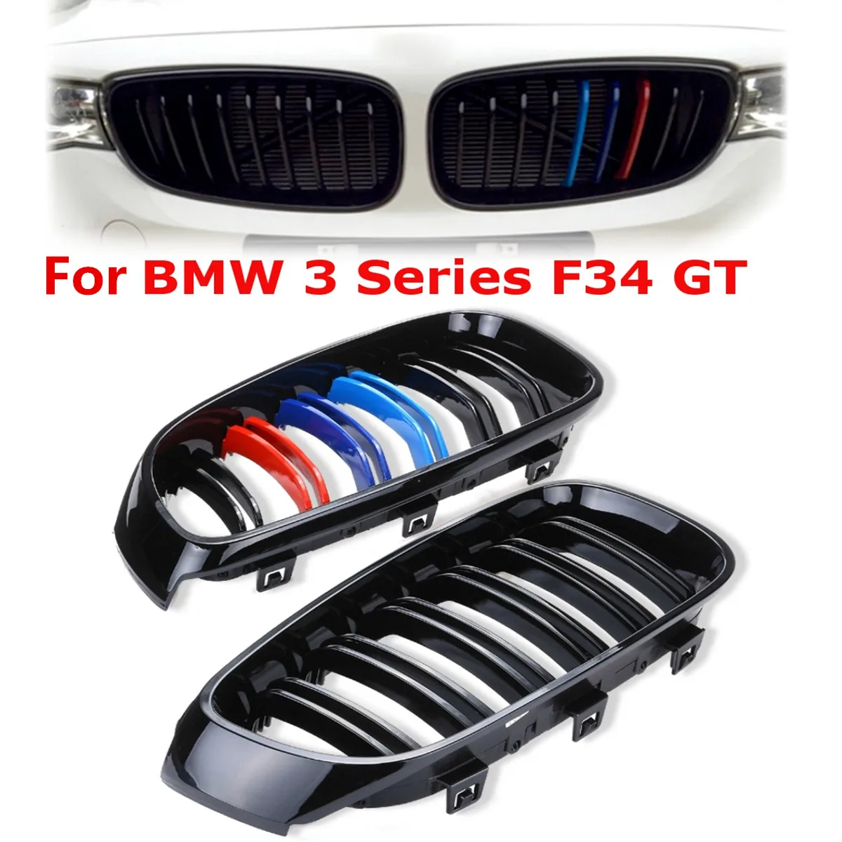 

For BMW 3 series GT F34 Hatchback 2012 2013 2014 2015 2016 2Pcs Front Glossy Black Car M-Color Grille Grill