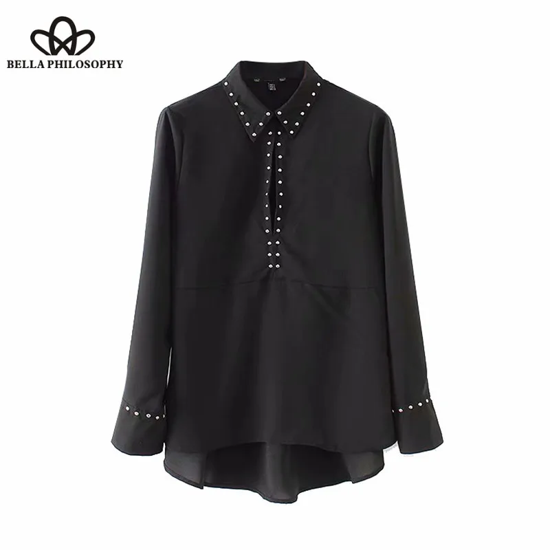 Wonder 2018 new Vintage Flowy Rivet Decorate Tops Blouses Lapel Collar Long Sleeve Pleated Ladies Shirts Casual Blusas Mujer |
