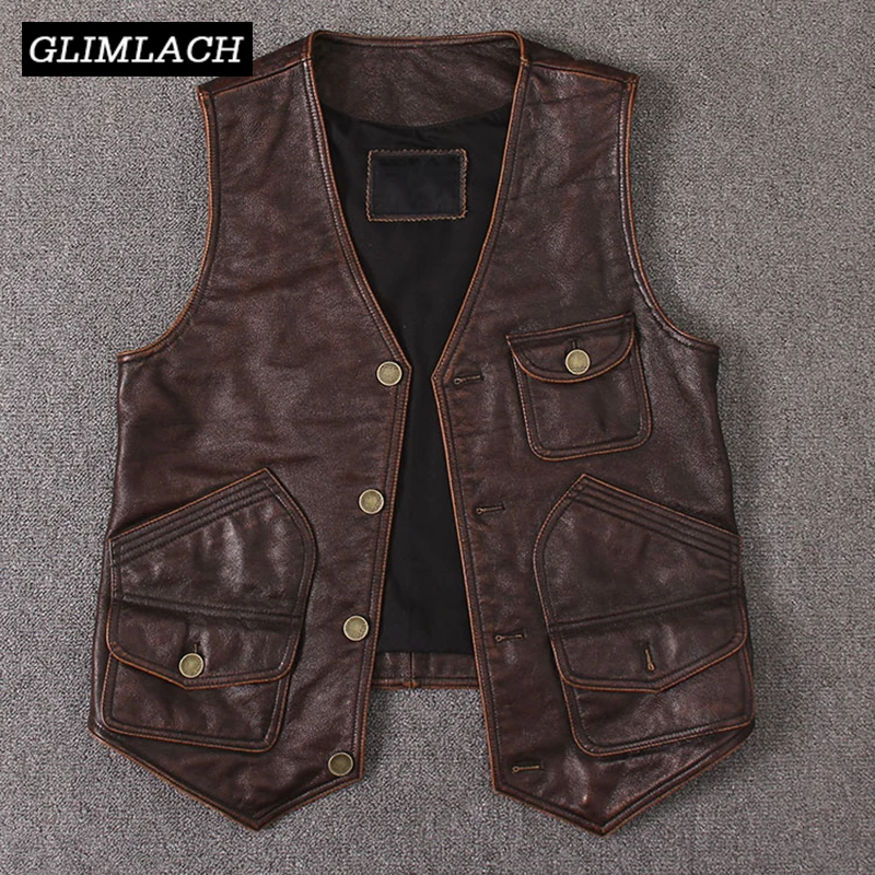 

2019 New Vintage Genuine Cow Leather Vest Mens Sleeveless Slim Real Leather Many Pockets Brown Motorcycle Jacket Male Waistcoat