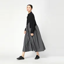 LANMREM das 2018 Nova Moda Listrada Patchwork Irregular Feminino Casual Completo Manga Turn Down Colarinho da Camisa Tipo Vestido YE303