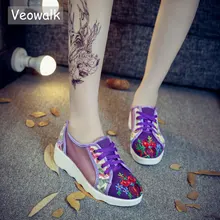 Veowalk/дышащая конструкция марли для женщин вышивка цветами на плоской платформе летняя модная женская повседневная обувь на шнуровке zapatos mujer
