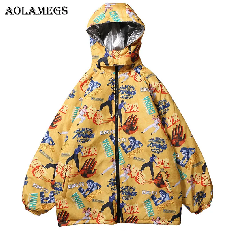 Aolamegs Parka Men Funny Printed Mens Winter Jackets Hooded Mens Down