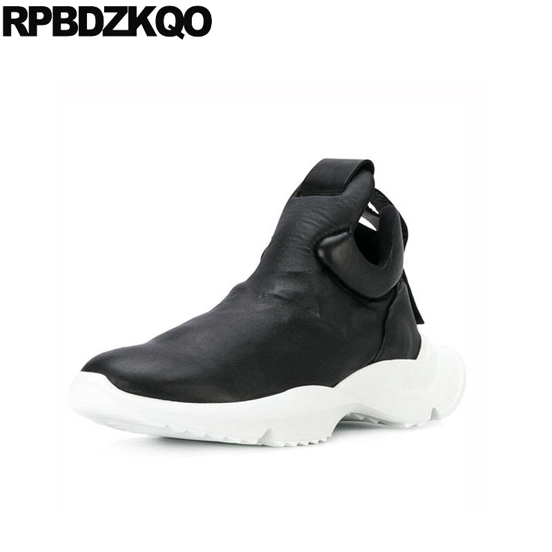 

Black High Sole Full Grain Leather Wedge Platform Ankle Men Slip On Casual Shoes Boots Top Booties Trainer Sneakers Thick Soled