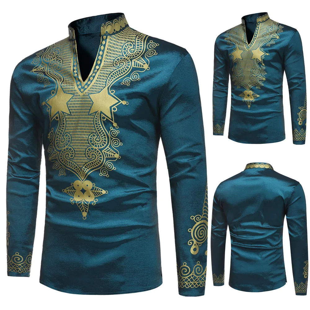 

African Gold Print Autumn Winter Long Sleeve Dashiki Shirt Top Blouse for Men