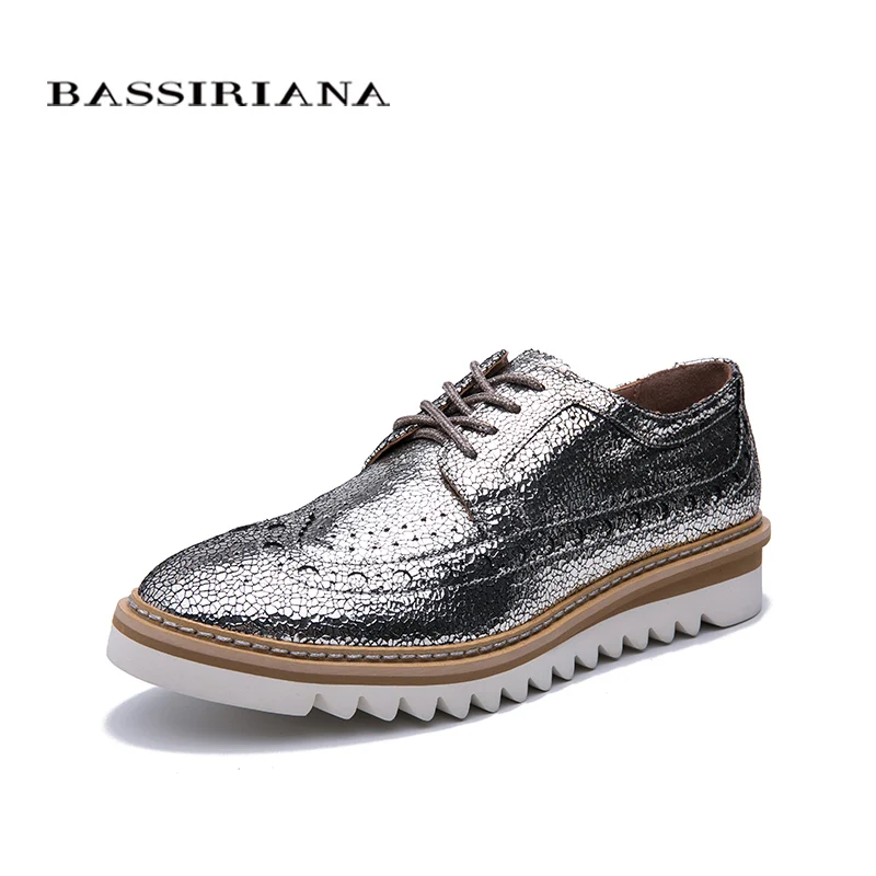 BASSIRIANA/Новинка г. модная повседневная обувь из натуральной кожи, женская брендовая обувь на толстой платформе с круглым носком, весна-лето, Размеры 35-40 - Цвет: Silver