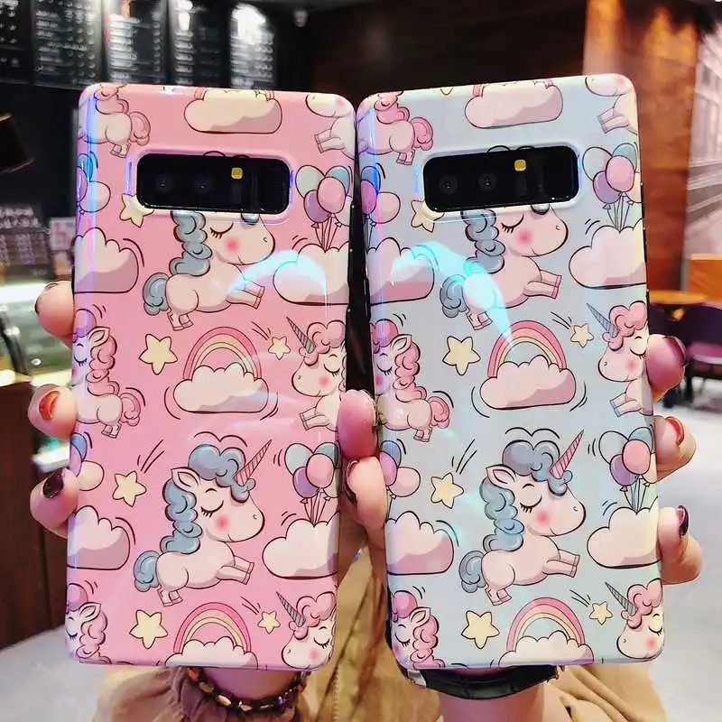 

Cartoon Unicorn Case For Samsung Galaxy S9 S8 Plus S9+ Note 9 Note 8 Luxury Aurora Blue Ray Skin IMD TPU Protection Back Cover