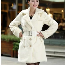 Новая коллекция года, пальто с искусственным мехом из кроличьей шерсти, пояс на пуговицах, длинные рукава