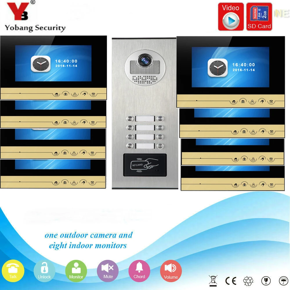 

YobangSecurity Video Intercom 7 inch Monitor Video Door Phone Doorbell Camera RFID Access With Video Recording for 8 Apartment
