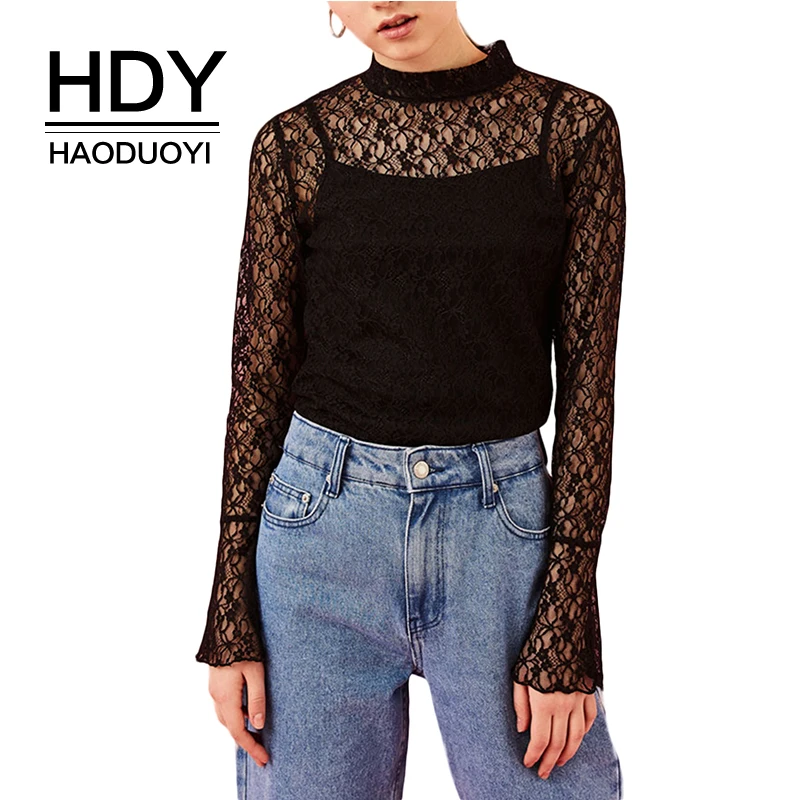

HDY Haoduoyi Women Black T-Shirts Long Sleeve Preppy Style Turtleneck Patchwork Casual Female Slim Fashion Tops Lady
