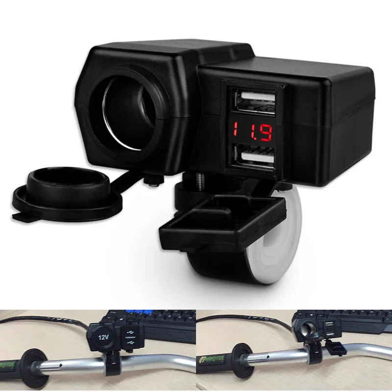 1set  Waterproof Motorcycle Dual USB Charger Cigarette Lighter Socket LED Voltmeter