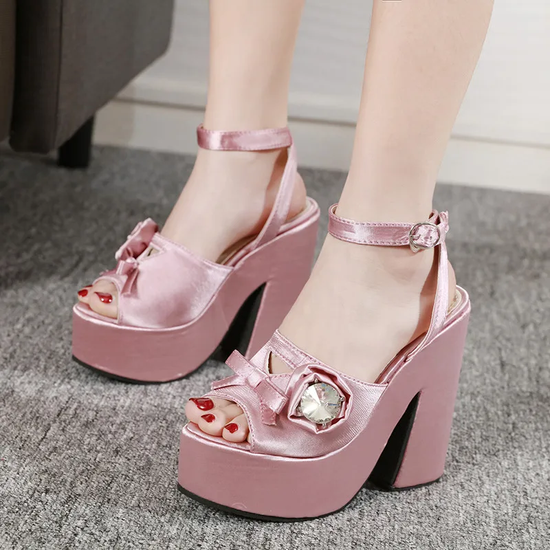 

YMECHIC Black Punk Gothic Heeled Sandals 2019 Fashion Peep Toe Rhinestone High Heel Platform Luxury Shoes Women Designers Summer