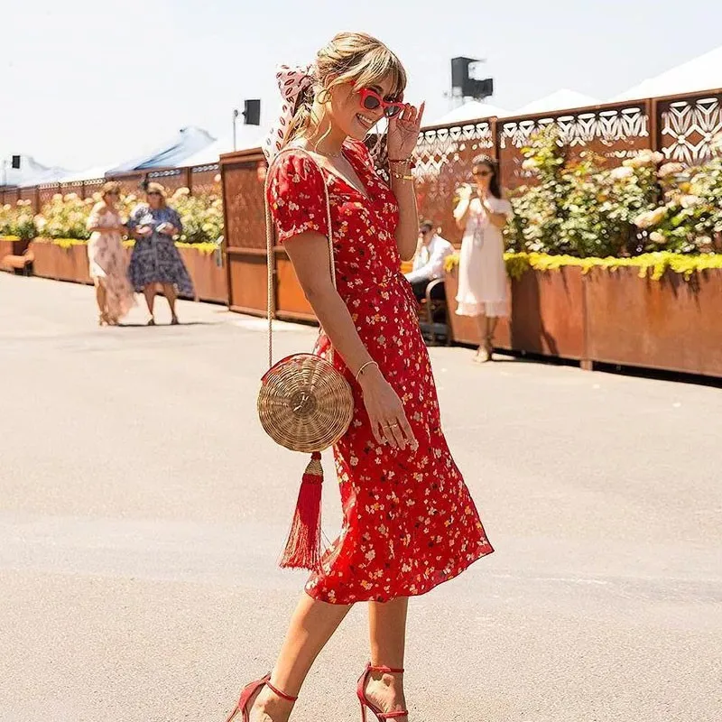 Sweet Red Floral Print A-Line Dress Summer V-Neck Wrap Bow Tie Split Dress 90s Streetwear Casual Dresses Vestido Sundress