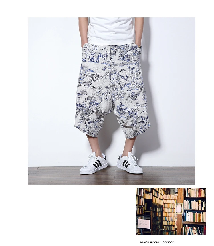 Летние шаровары низкий шаговый шов Шорты в китайском национальном стиле повседневные шорты Модные свободные напечатанная бермуды masculina
