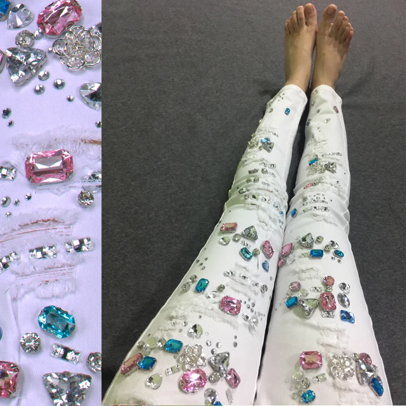 

Bead Diamond Ripped Jeans Femme Pants Stretch Jeans Hole Elastic Skinny Jeans Woman Pencil Pants White Jeans Female