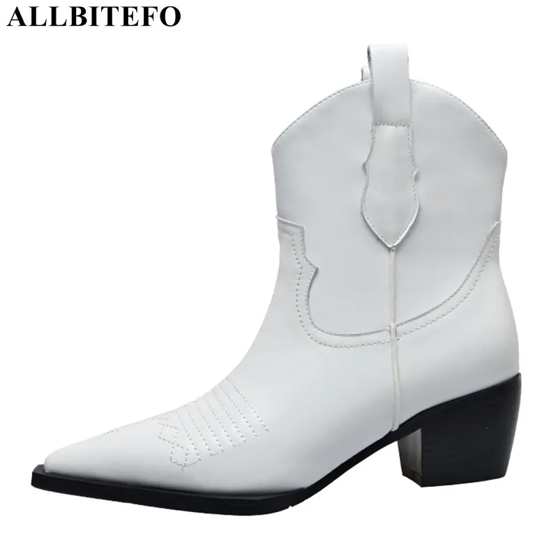 ALLBITEFO/модные брендовые женские ботинки из натуральной кожи на толстом каблуке высококачественные ботильоны для женщин и девочек на высоком каблуке