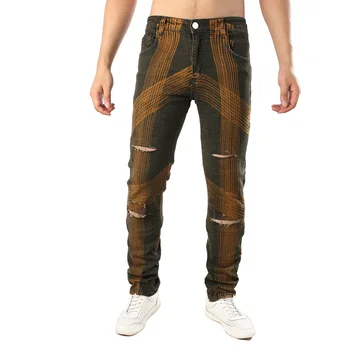 

Spring Summer Fashion Wash Striped Printed jeans homme New Hole Elastic Jeans Men Plus Size Casual Stretch Denim Pants