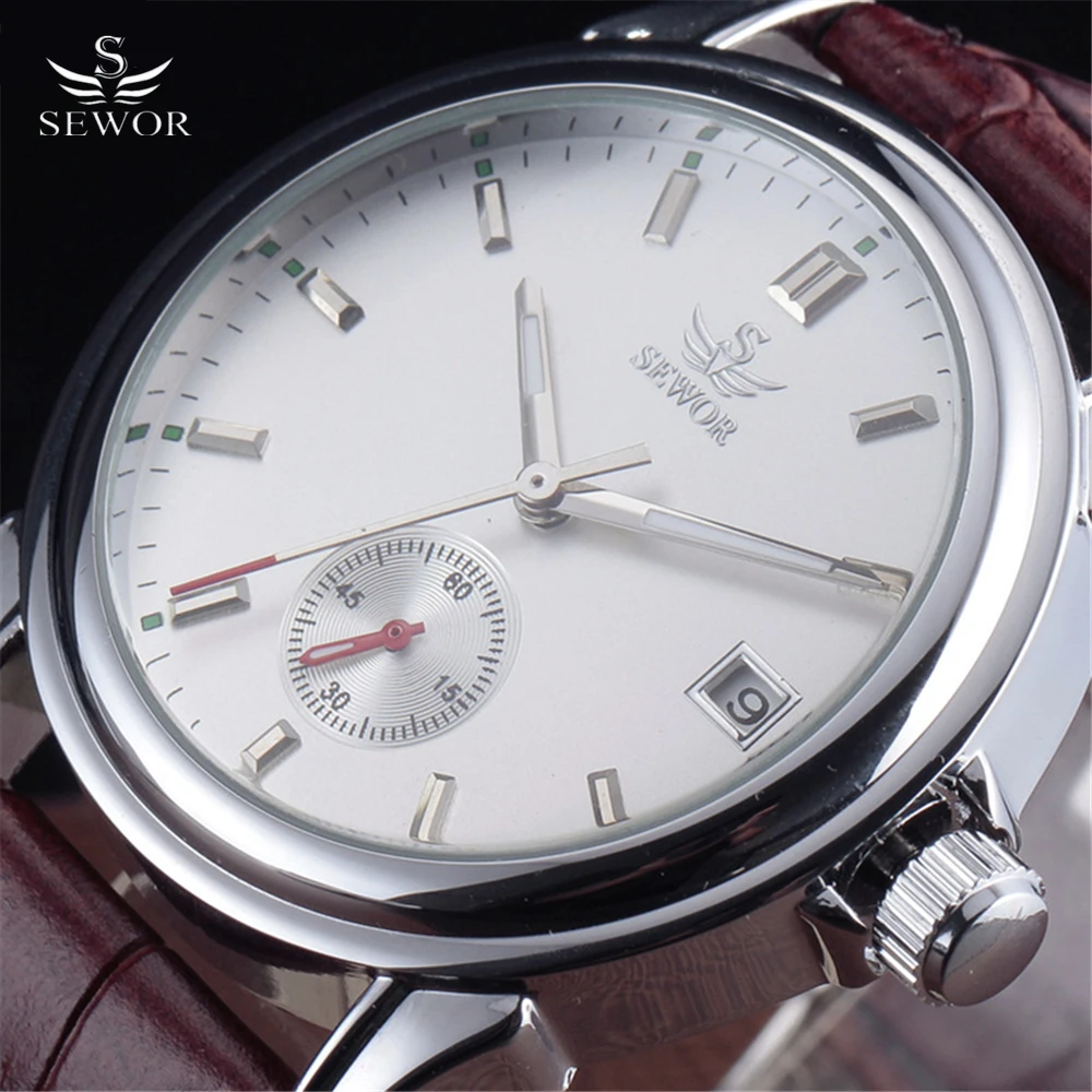 

2016 New Fashion SEWOR Brand Business Men Automatic Mechanical Watch Auto Date Dial Leather Strap Wristwatch Stylish Dress Clock