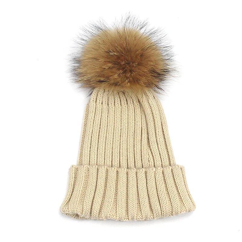 Женские шапки с помпоном из натурального меха зимние Хлопковые вязаные в полоску
