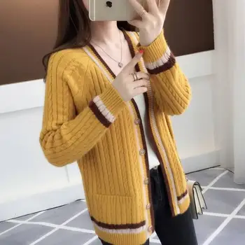 

2019 Spring Autumn Women Korean Style Stripe Loose V-Neck Twist Knit Cardigan Sweater Coat Female Loose Open Stitch Tops K131