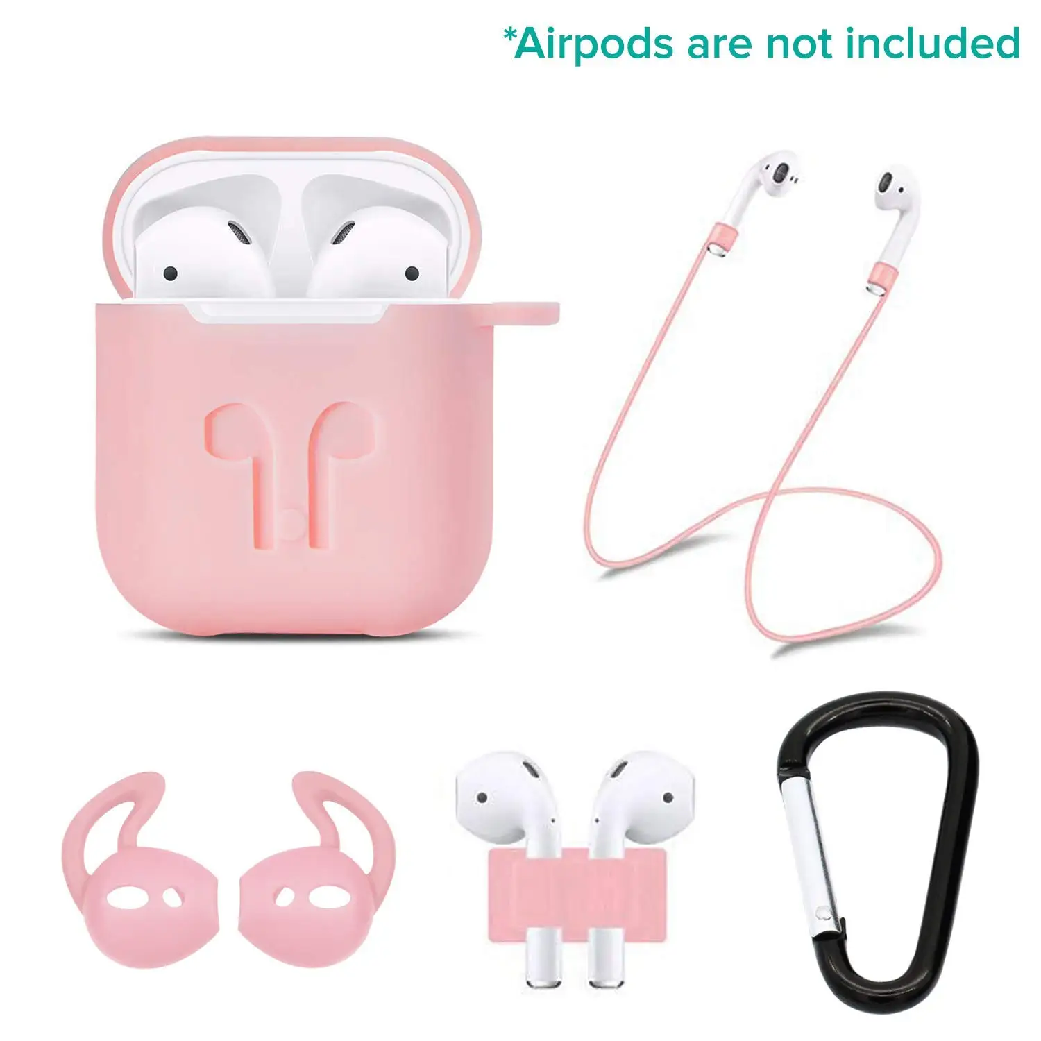 Силиконовый чехол 5 в 1 для Airpods/Airpods ремешок/Airpods крючки для ушей/анти-потеря карабин/Airpods часы ремешок держатель - Цвет: Розовый