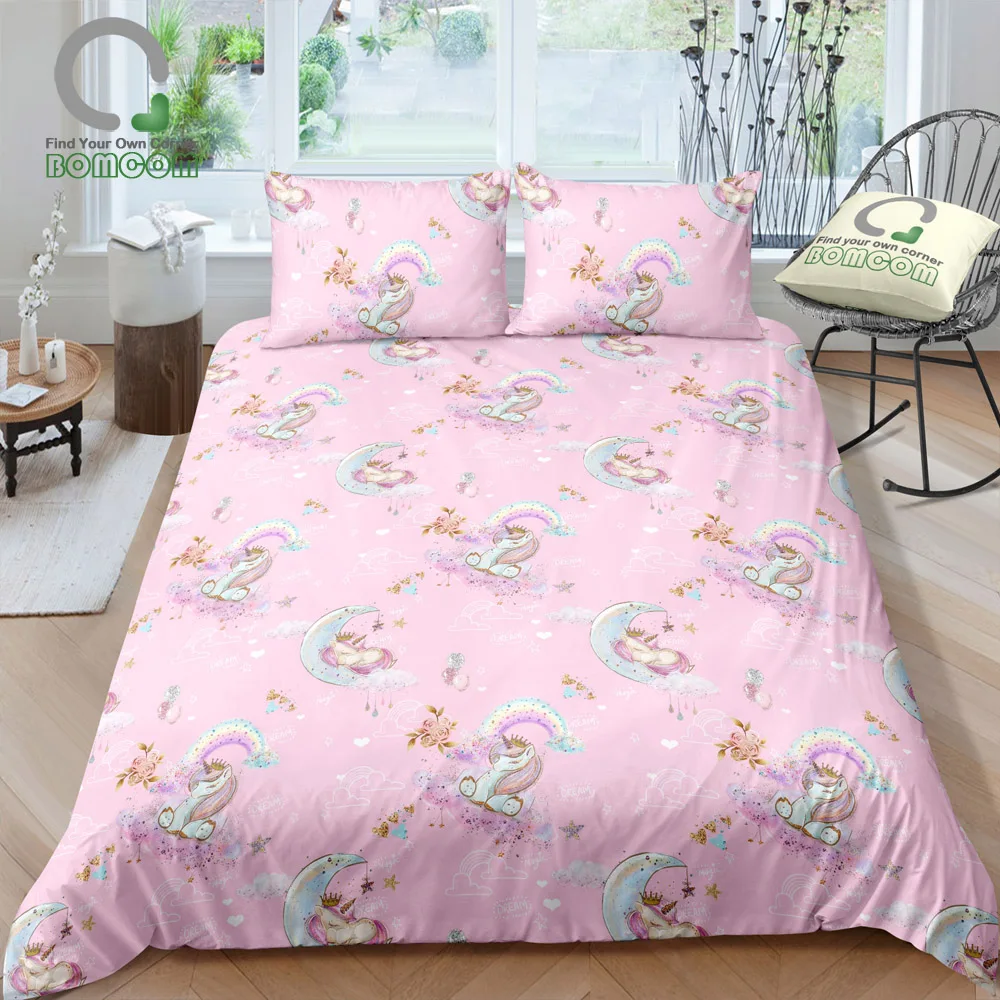 Bomcom 3d Digital Printing Unicorn Print Duvet Cover Set Pink