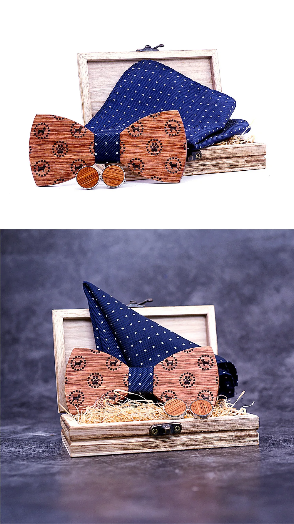 Деревянный лук галстук Твердые деловой галстук-бабочка для мужчин винтаж собака печатных деревянный лук карман квадратный носовой платок