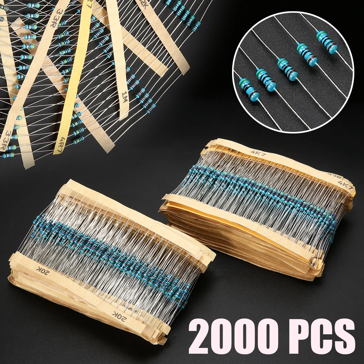 

2000pcs 100 Values 1 ohm~1M ohm Metal Film Resistors Resistance Assortment Kit 1/4W