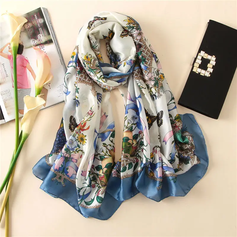 Мягкий натуральный шелковый шарф для женщин Весна Осень Роскошная синяя бабочка пашмины Обертывания и шали длинный платок Новинка